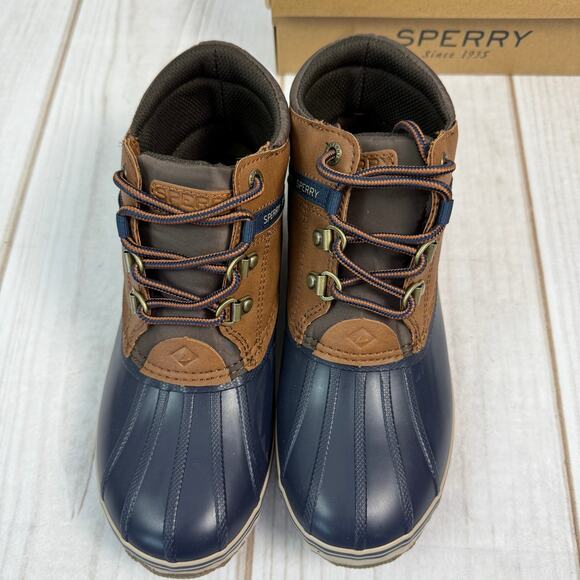 Kids Sperry Bowline Duck Boots Navy Tan Waterproof Lace Up Size 4 Youth - Picture 2 of 5